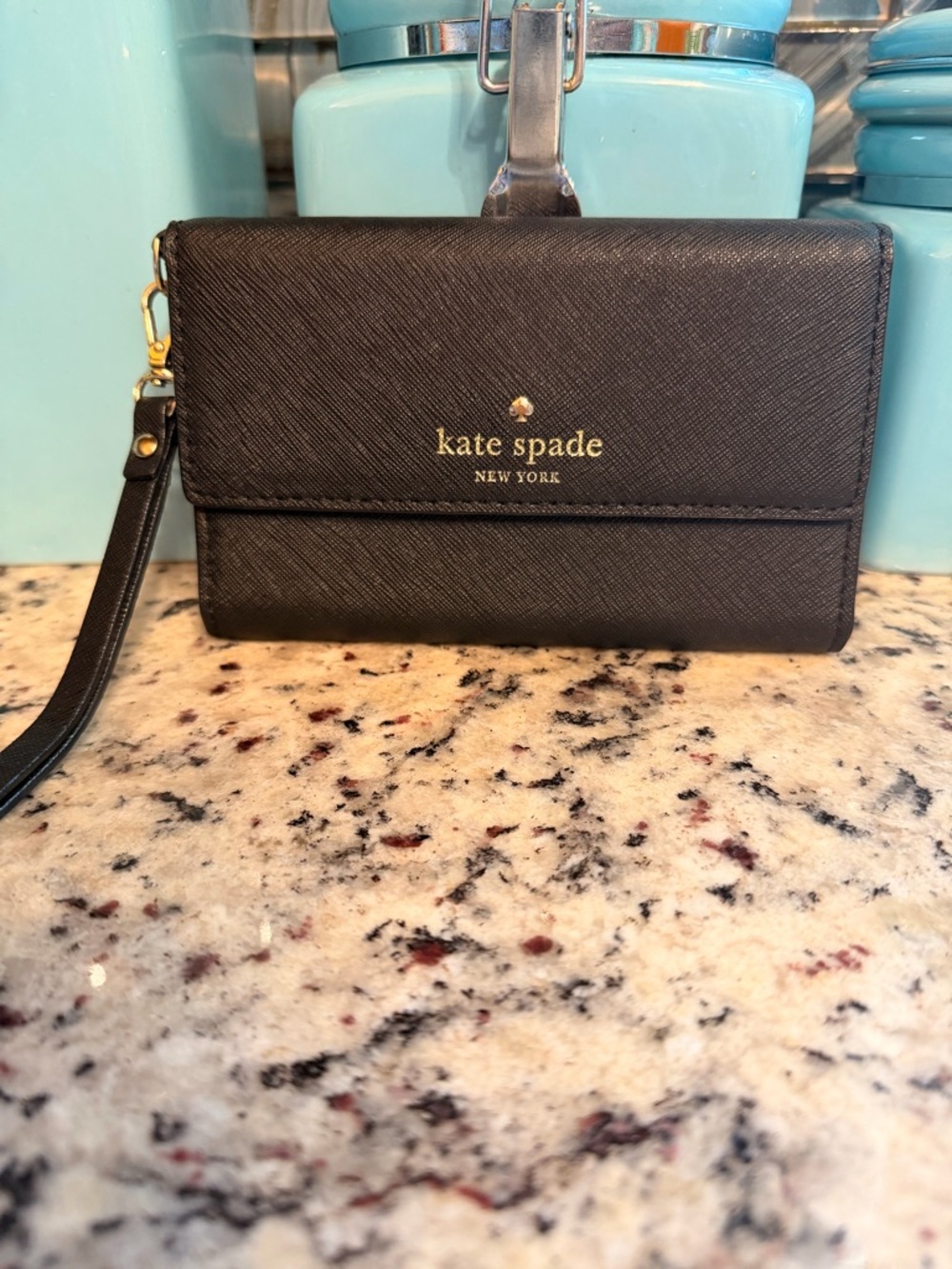 kate spade Black Saffiano Leather Wristlet Wallet with Gold Logo